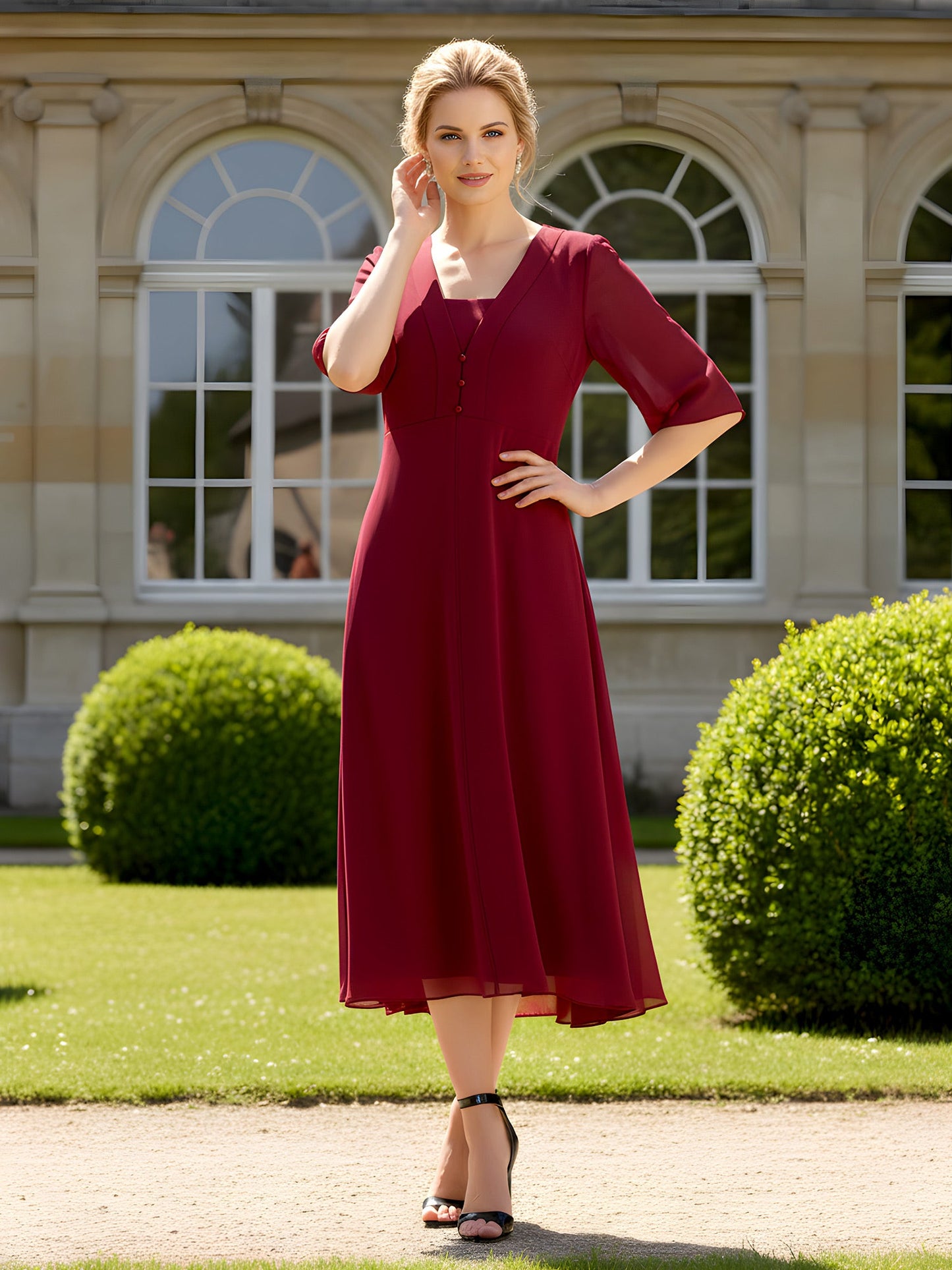 Square Neck Chiffon A-Line Tea-Length Dress with Jacket Burgundy