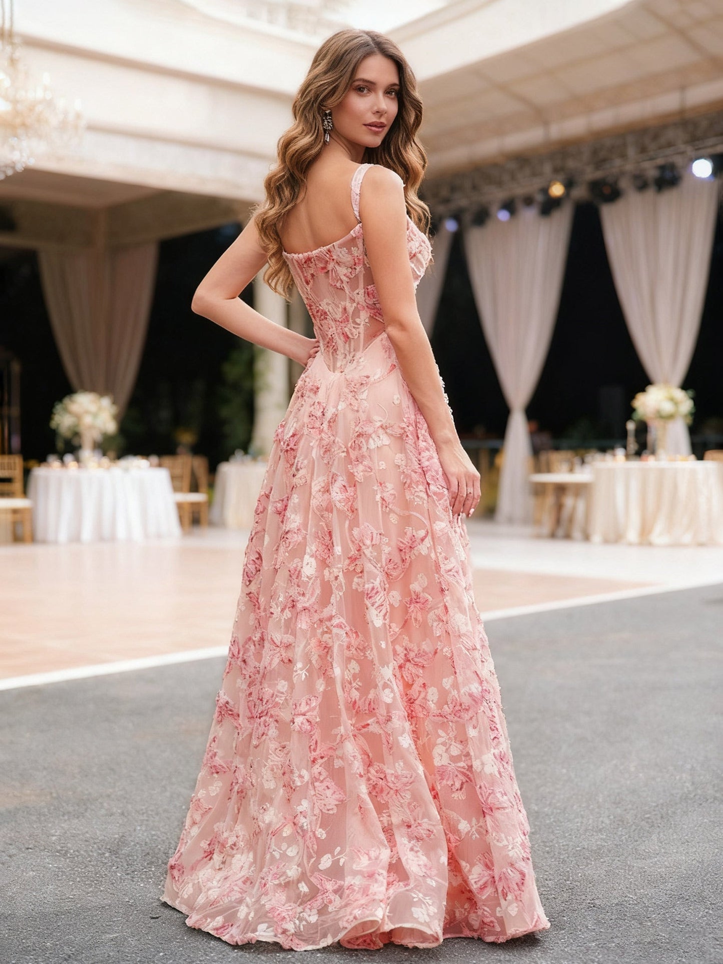 A-Line Sleeveless Sheer Corset Floral Long Dress Coral