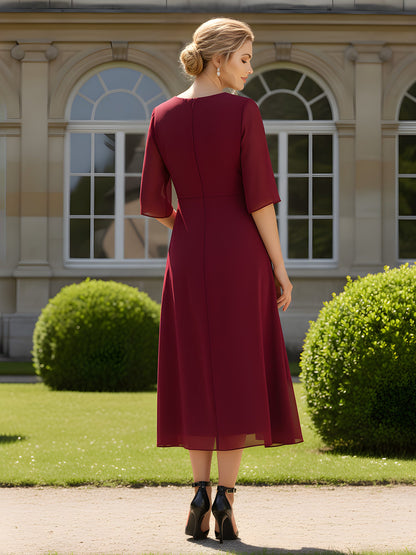 Square Neck Chiffon A-Line Tea-Length Dress with Jacket Burgundy