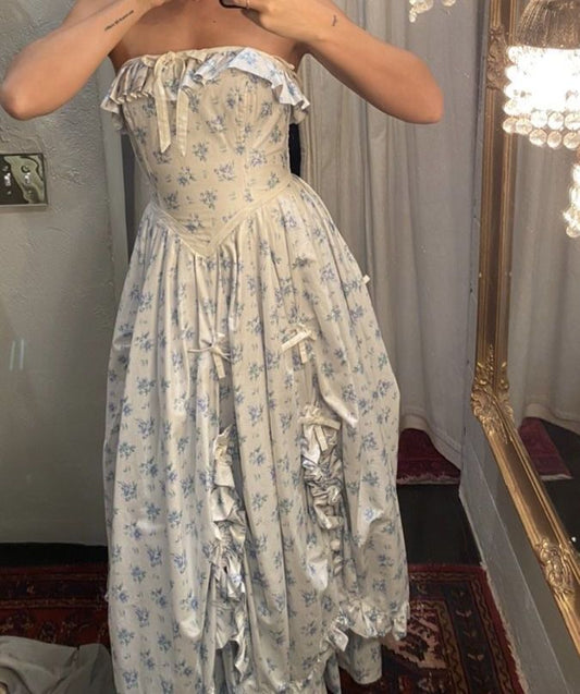 girlhomeshops--Blue floral elegant long chiffon homecoming dress for women girls garden party dress gh5716