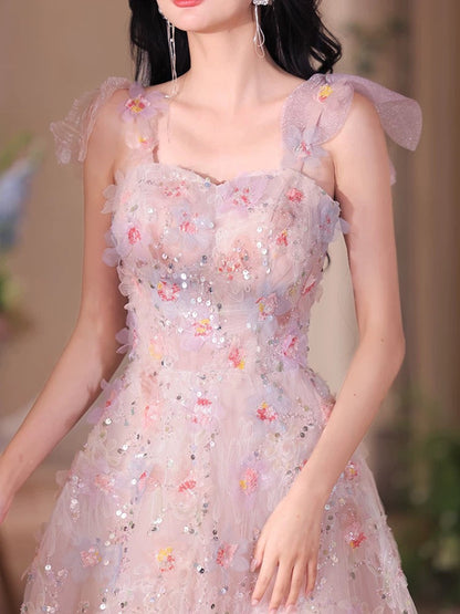A-Line Sweetheart Neck Tulle Lace Pink Long Prom Dress, Pink Long Formal Dress
