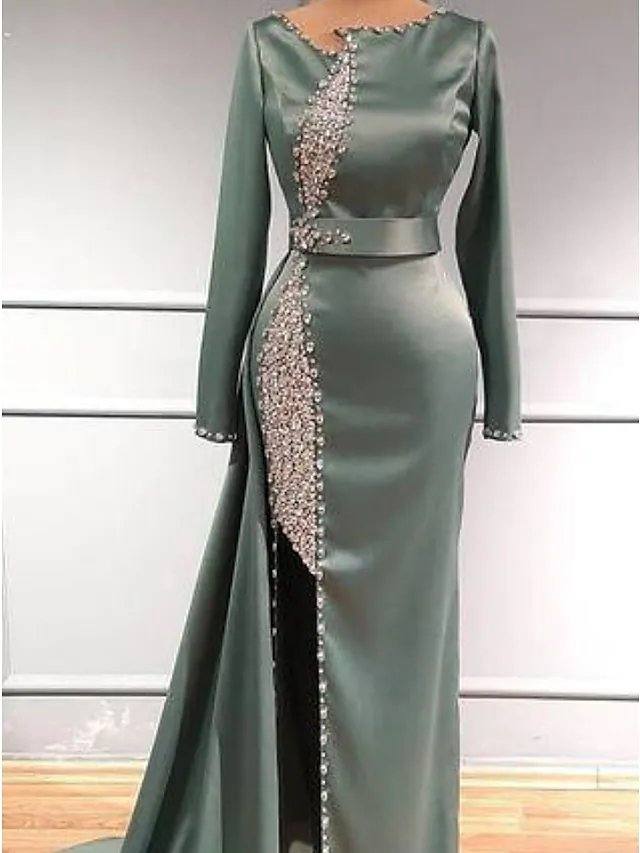 Sheath / Column Glittering Elegant Engagement Formal Evening Dress Jewel Neck Long Sleeve Sweep / Brush Train Charmeuse with Beading Sequin - RongMoon