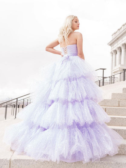 Purple tulle high low prom dress, purple evening dress