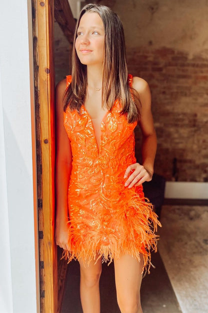 Black Sequin Lace Plunge V Cocktail Dress with Feathers