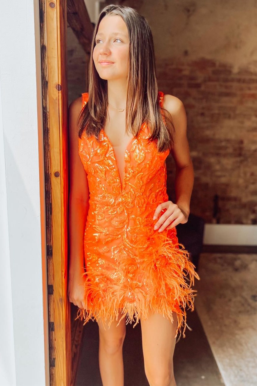 Black Sequin Lace Plunge V Cocktail Dress with Feathers
