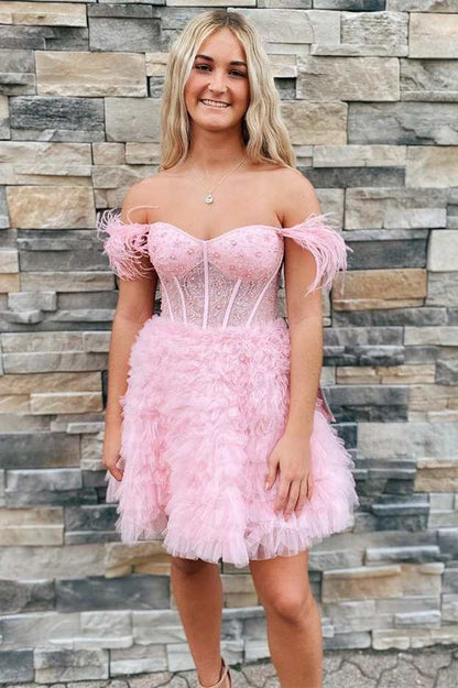 Red Feather Sweetheart Tiered A-Line Short Party Dress