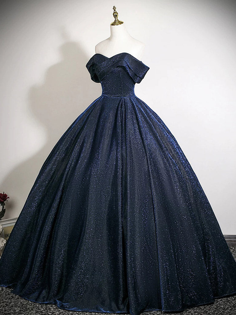 A-Line Off Shoulder Satin Dark Blue Long Prom Dress, Dark Blue Long Formal Dress