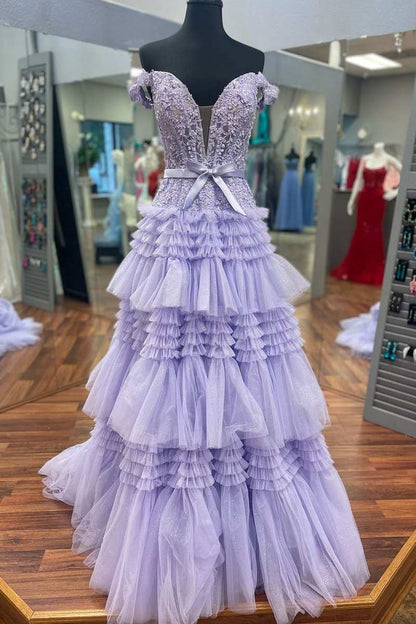 Princess Tulle Off-the-Shoulder Tiered A-Line Prom Gown