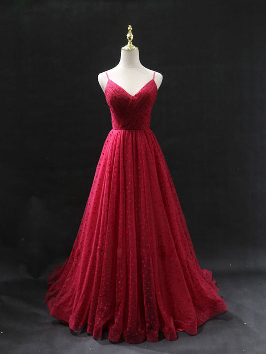 Burgundy v  neck tulle long prom dress, burgundy tulle formal dress