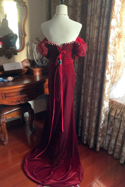 Vintage Socialite Style Off-the-Shoulder Puff-Sleeve Gown | Burgundy Velvet Pearl Mermaid Train Maxi Dress for Gala Engagement Retro Ball gh6422
