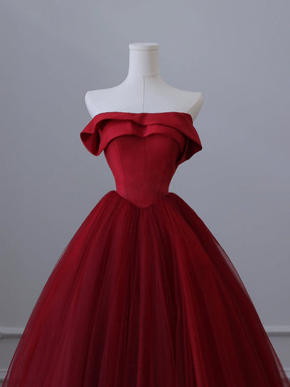 A-Line Tulle Burgundy Long Prom Dress, Tulle Burgundy Long Formal Dress