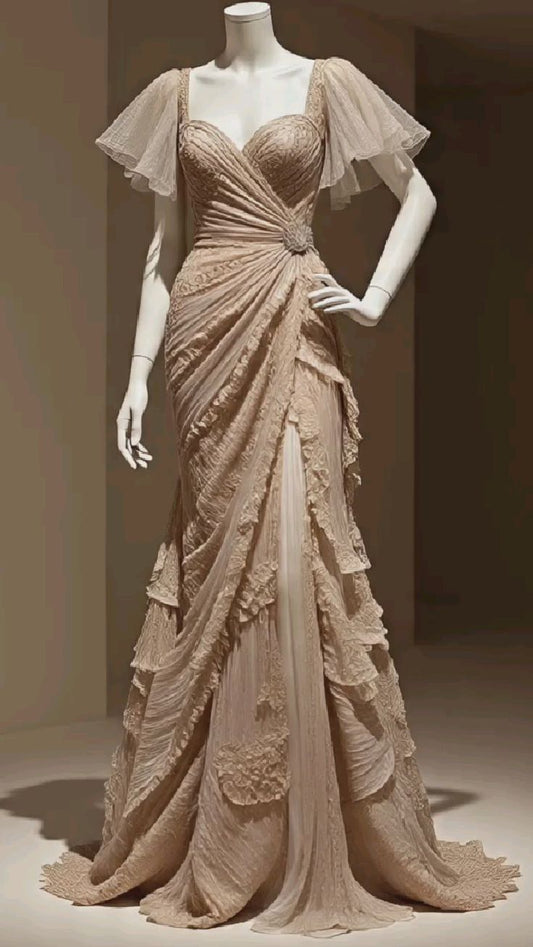 Elegant Luxury Style Tulle Flutter-Sleeve Gown | Champagne Pleated Lace Mermaid Train Maxi Dress for Gala Engagement High-End Social Event gh6424