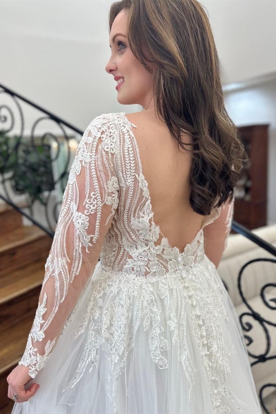 White A-line Tulle Plunging V Neck Appliques Long Wedding Dress with Slit