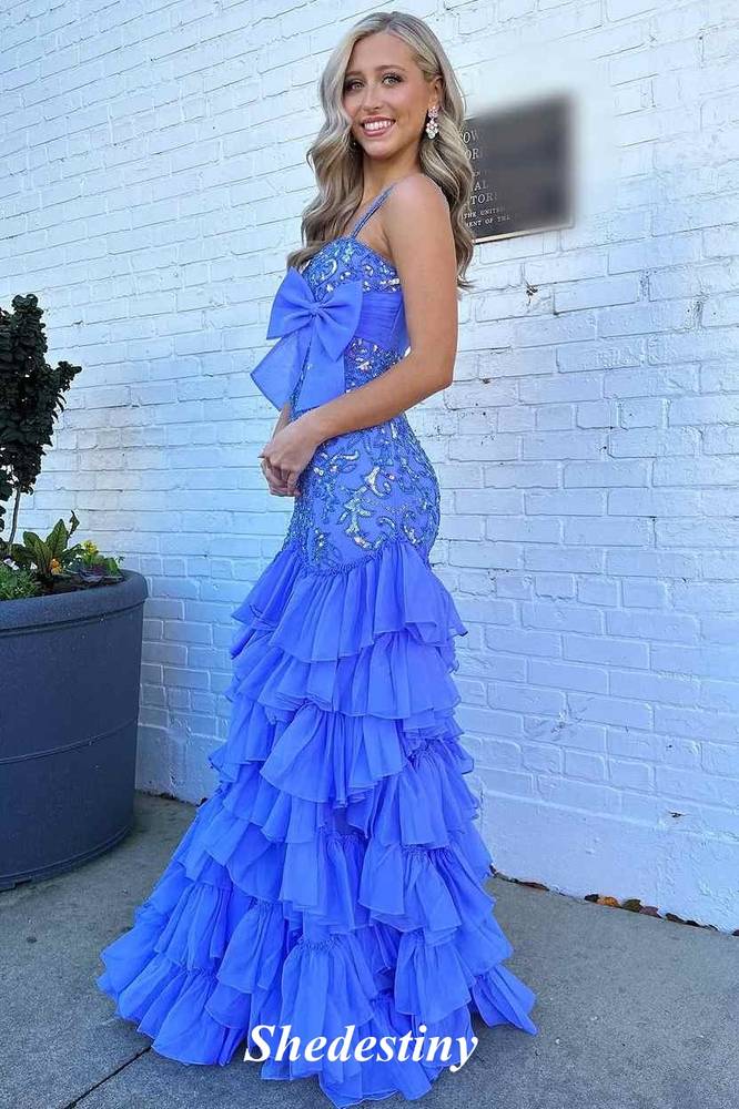 Sequin Applique Blue Mermaid Ruffle Prom Dress with Bowknot