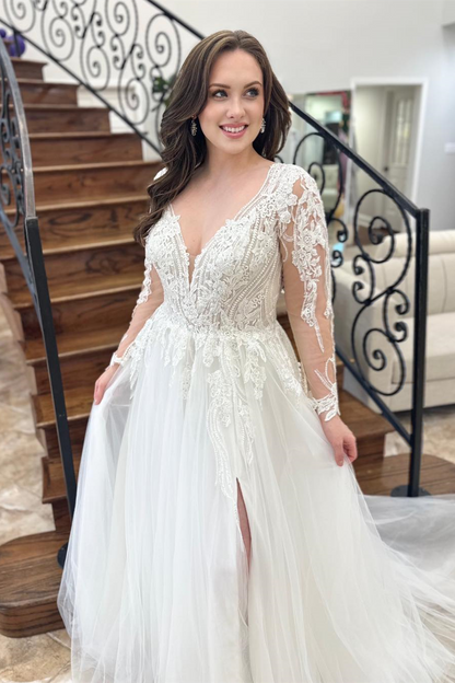 White A-line Tulle Plunging V Neck Appliques Long Wedding Dress with Slit