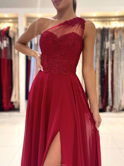 Red one shoulder chiffon lace long prom dress, red evening dress