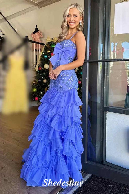 Sequin Applique Blue Mermaid Ruffle Prom Dress with Bowknot