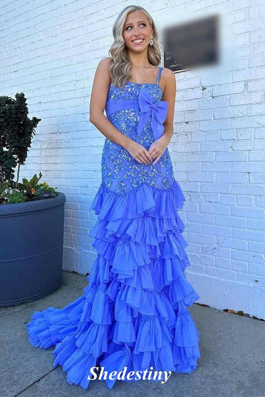 Sequin Applique Blue Mermaid Ruffle Prom Dress with Bowknot