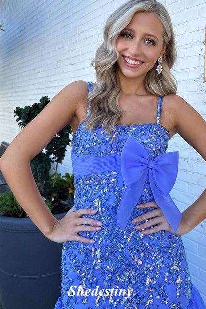 Sequin Applique Blue Mermaid Ruffle Prom Dress with Bowknot