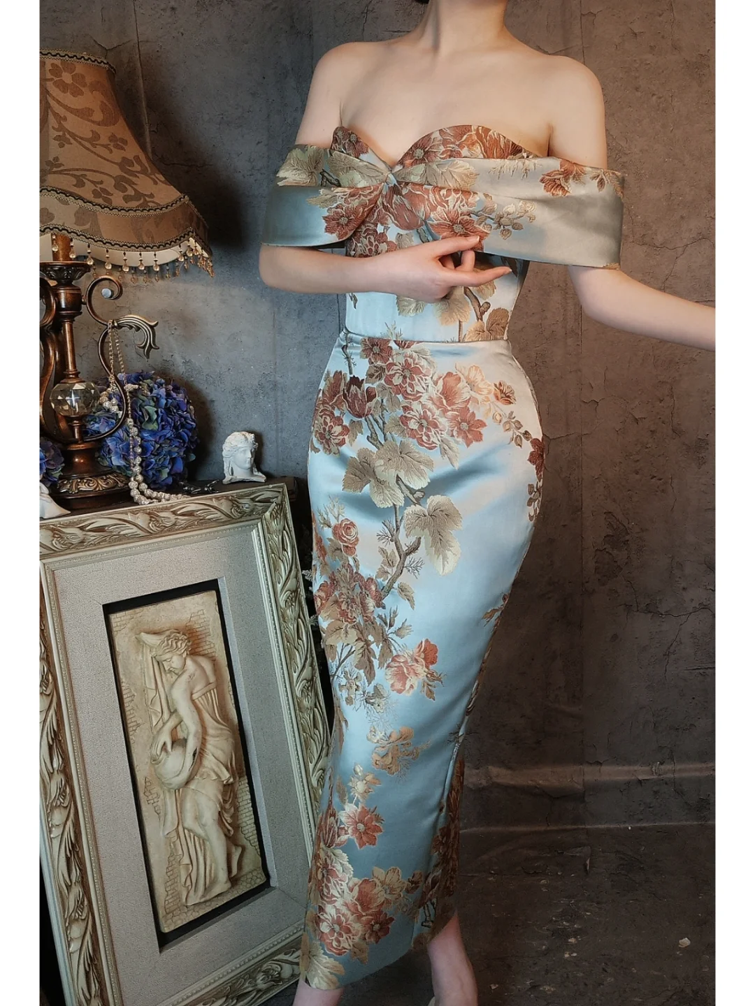Vintage Floral Off-the-shoulder Sweetheart Design Elegant Satin Evening Dress Prom Dress HZ1024