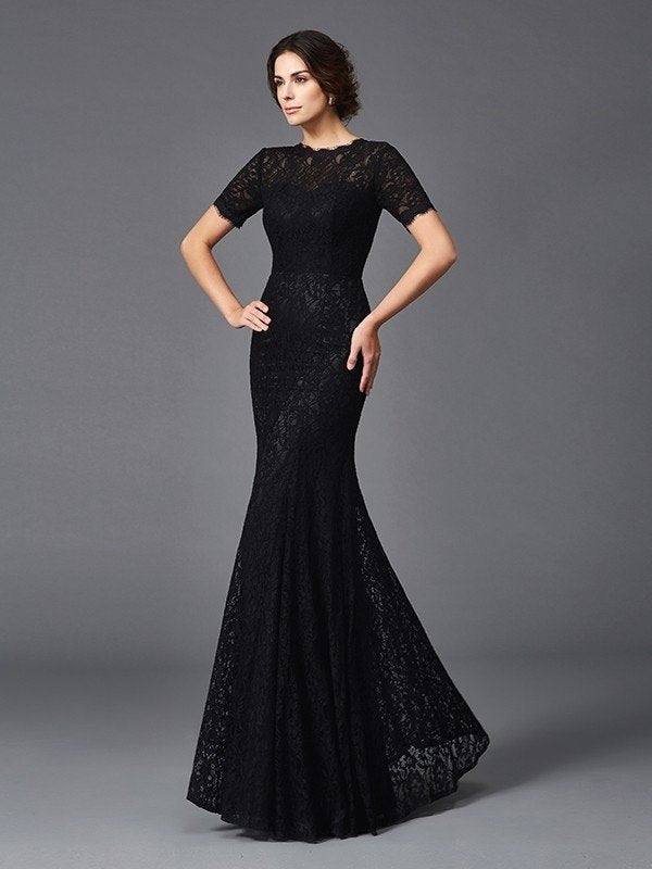 Sheath/Column Jewel Lace Short Sleeves Long Elastic Woven Satin Mother of the Bride Dresses - RongMoon