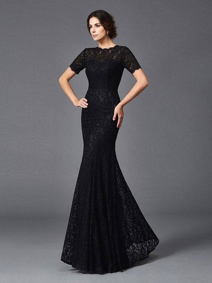 Sheath/Column Jewel Lace Short Sleeves Long Elastic Woven Satin Mother of the Bride Dresses - RongMoon
