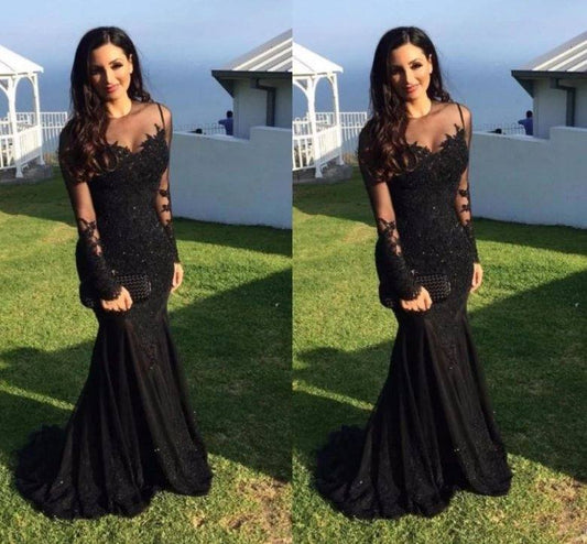 Black Muslim Evening Dresses Mermaid Long Sleeves Lace Beaded Long Islamic Dubai Saudi Arabic Long Formal Evening Gown - RongMoon