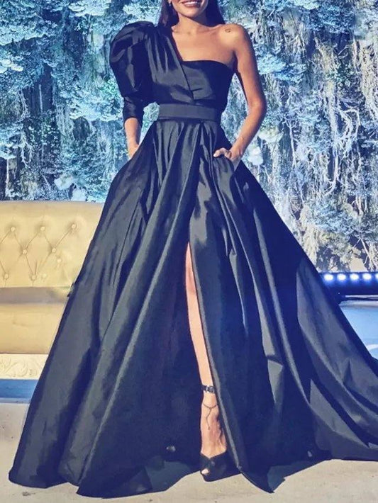 A-Line Minimalist Sexy Engagement Formal Evening Dress One Shoulder Half Sleeve Court Train Satin with Pleats Split - RongMoon