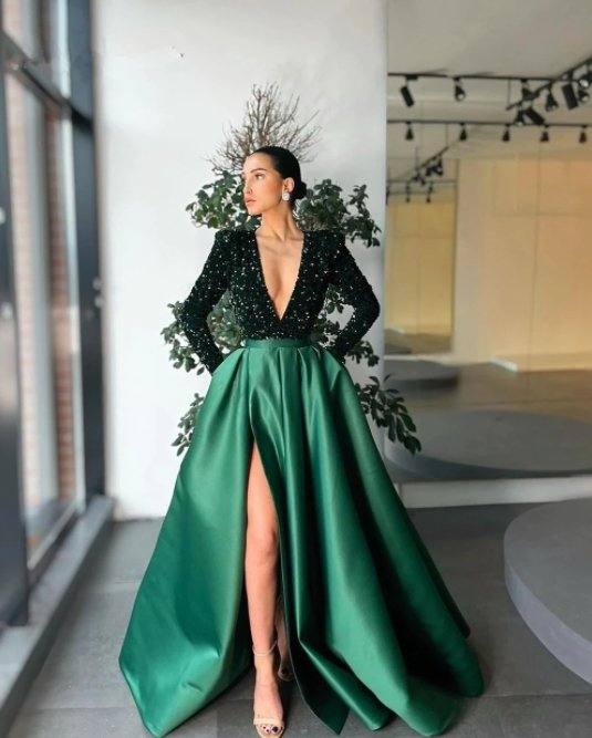 Elegant Satin Evening Dresses Long Sparkle Sequined Sexy Deep V Neck Side Slit Formal Prom Gown Simple Ruched Robe de soiree - RongMoon