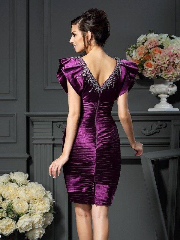 Sheath/Column V-neck Beading Sleeveless Short Elastic Woven Satin Mother of the Bride Dresses - RongMoon