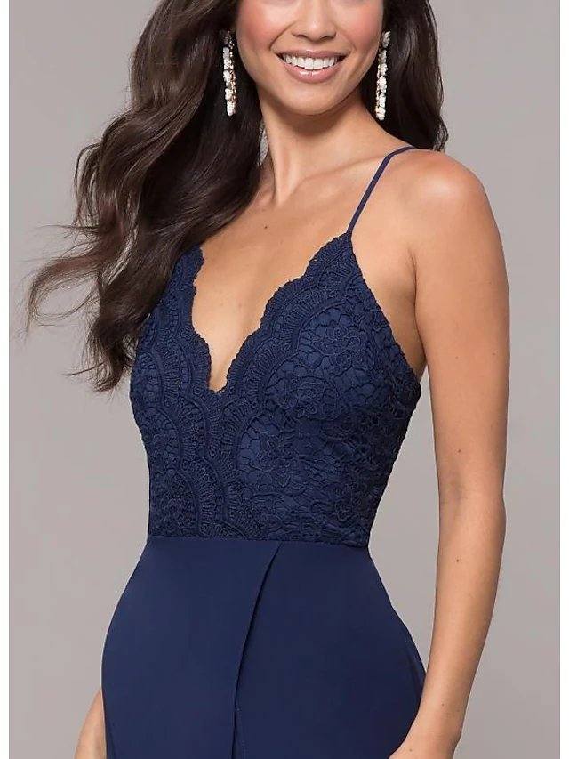 A-Line Elegant Prom Dress Spaghetti Strap Sleeveless Sweep / Brush Train Chiffon with Lace Insert Split Front - RongMoon