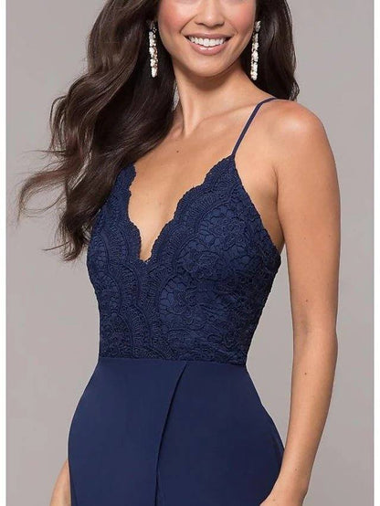 A-Line Elegant Prom Dress Spaghetti Strap Sleeveless Sweep / Brush Train Chiffon with Lace Insert Split Front - RongMoon