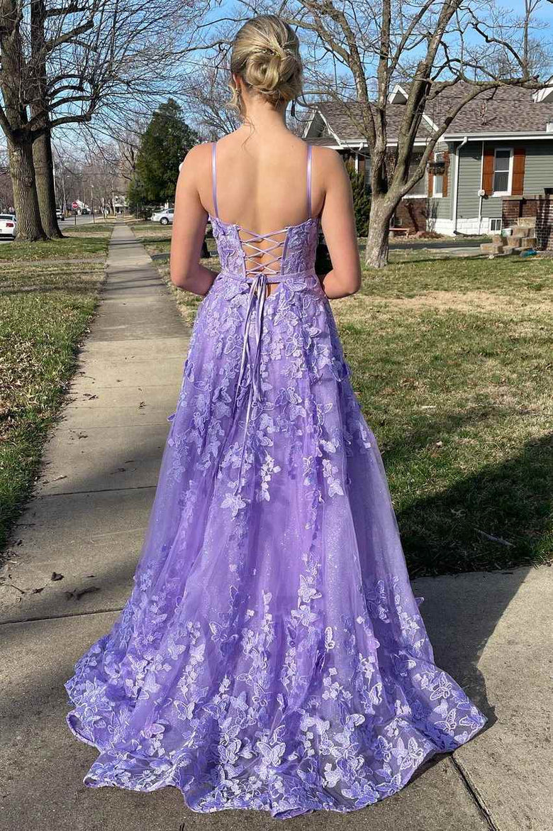 Spaghetti Straps Tulle Lace Appliques Evening Dress Lavender A Line Prom Party Dress  cc2451