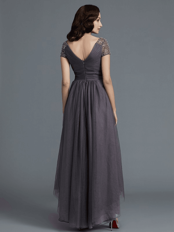 A-Line/Princess V-neck Short Sleeves Asymmetrical Tulle Mother of the Bride Dresses - RongMoon