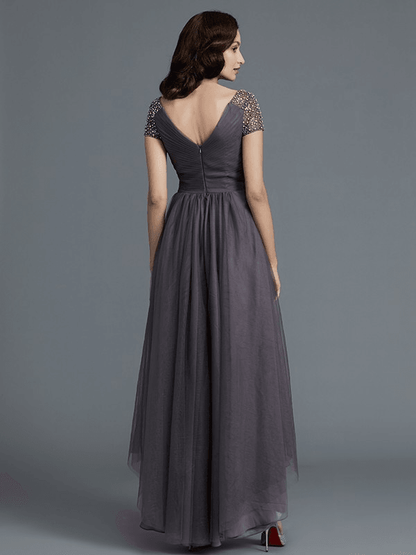 A-Line/Princess V-neck Short Sleeves Asymmetrical Tulle Mother of the Bride Dresses - RongMoon
