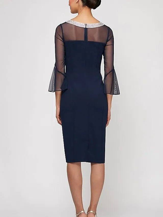Sheath / Column Mother of the Bride Dress Elegant Sexy Jewel Neck Knee Length Chiffon Tulle 3/4 Length Sleeve with Beading - RongMoon