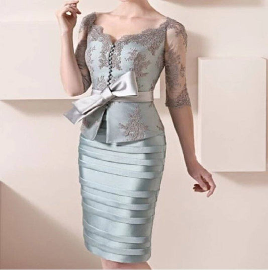 Elegant Mother Of The Bride Dresses Sheath Half Sleeves Lace Bow Short Wedding Party Dress Mother Dresses For Wedding - RongMoon