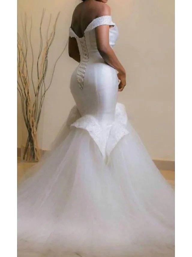 Mermaid / Trumpet Wedding Dresses Off Shoulder Court Train Satin Tulle Sleeveless Formal Sexy Luxurious Plus Size with Beading - RongMoon