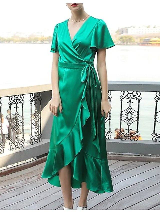 A-Line Mother of the Bride Dress Elegant V Neck Asymmetrical Tea Length Chiffon Short Sleeve with Ruffles Split Front - RongMoon