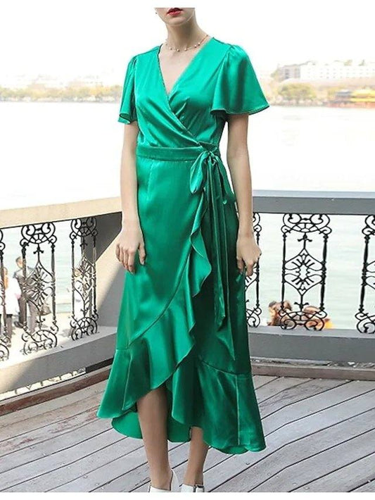 A-Line Mother of the Bride Dress Elegant V Neck Asymmetrical Tea Length Chiffon Short Sleeve with Ruffles Split Front - RongMoon