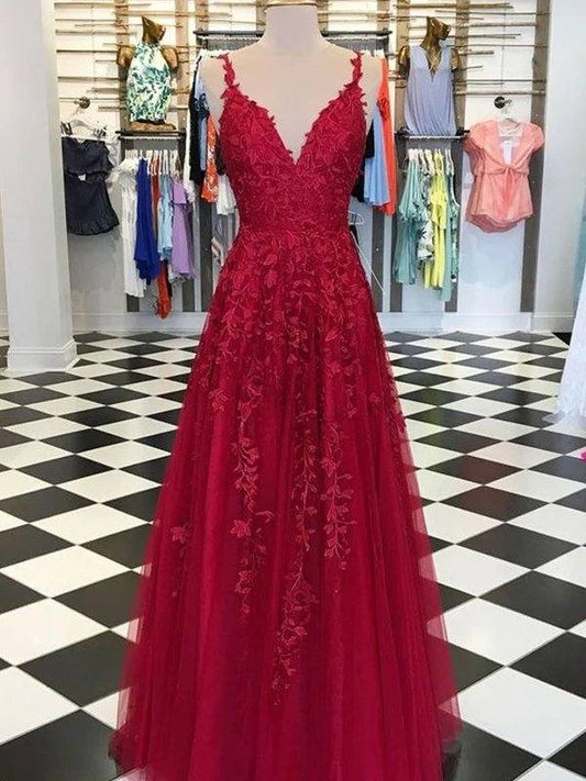 A-Line/Princess Sleeveless V-neck Floor-Length Applique Tulle Dresses - RongMoon