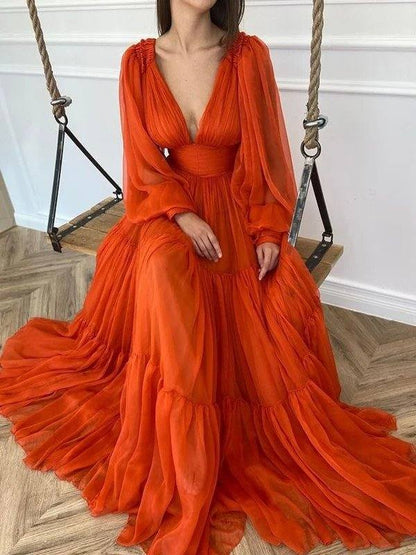 A-Line/Princess Sweep/Brush Train V-neck Long Sleeves 3D Chiffon Ruffles Dresses - RongMoon