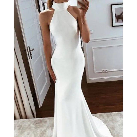 Mermaid / Trumpet Wedding Dresses Halter Neck Sweep / Brush Train Stretch Fabric Sleeveless Simple - RongMoon