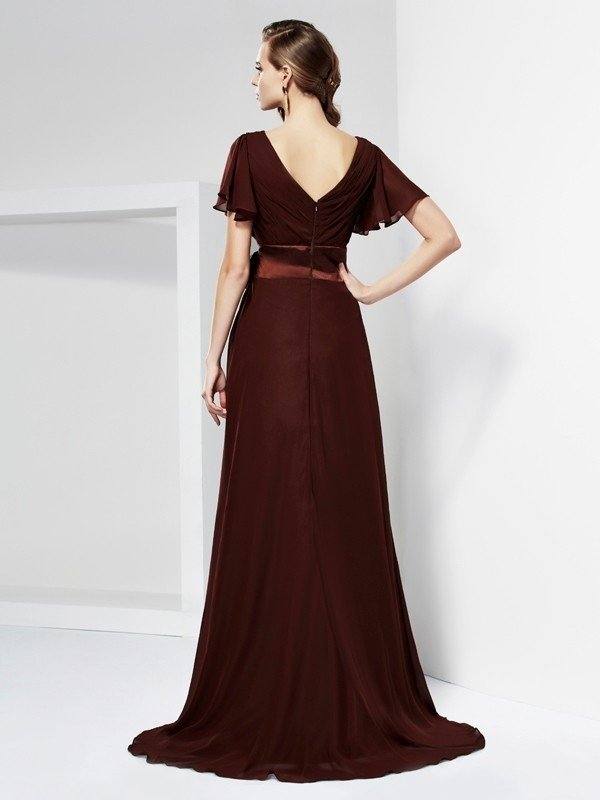 A-Line/Princess V-neck Short Sleeves Sash/Ribbon/Belt Long Chiffon Mother of the Bride Dresses - RongMoon