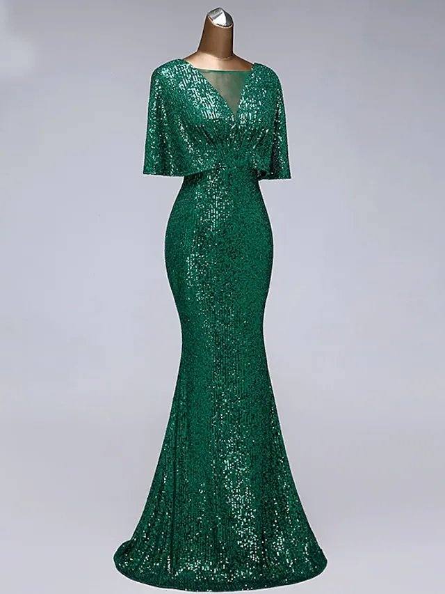 Mermaid / Trumpet Sparkle Elegant Prom Formal Evening Dress Illusion Neck Half Sleeve Floor Length Sequined with Sequin Ruffles - RongMoon