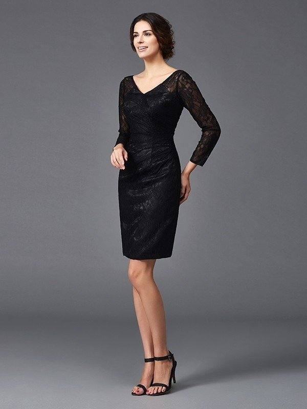 Sheath/Column V-neck Lace Long Sleeves Short Elastic Woven Satin Mother of the Bride Dresses - RongMoon