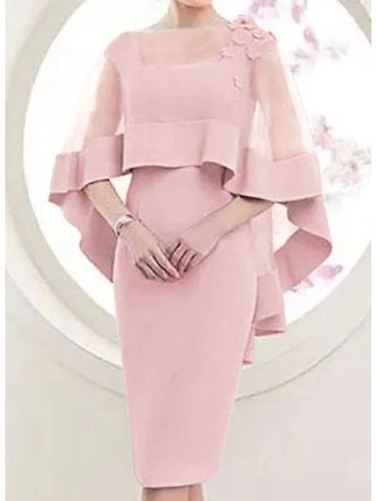 Sheath / Column Mother of the Bride Dress Elegant Square Neck Knee Length Satin Tulle 3/4 Length Sleeve with Appliques - RongMoon