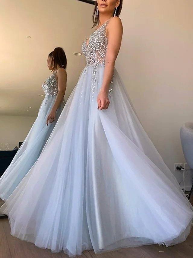A-Line Minimalist Elegant Party Wear Formal Evening Dress V Neck Sleeveless Floor Length Tulle with Pleats Appliques - RongMoon