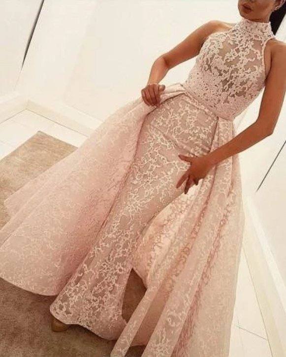 Pink Muslim Evening Dresses Mermaid High Collar Appliques Lace Elegant Islamic Dubai Saudi Arabic Long Formal Evening Gown - RongMoon