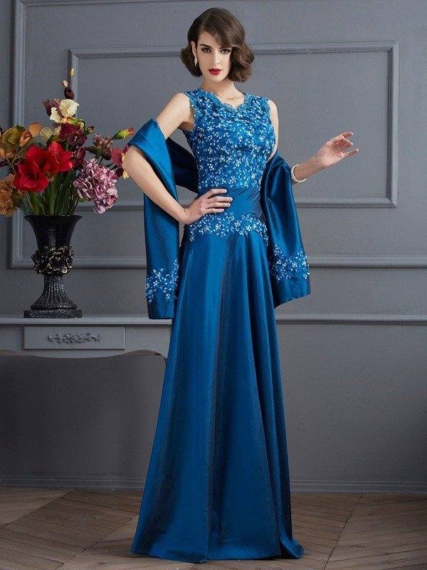 A-Line/Princess V-neck Sleeveless Beading Long Taffeta Mother of the Bride Dresses - RongMoon